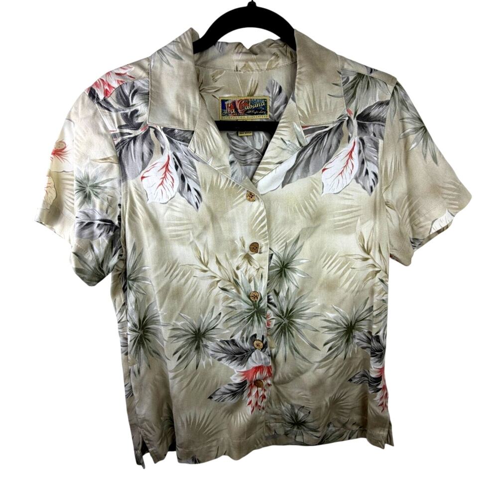 Vtg La Cabana Tropical Leaf Print Rayon Camp Shirt Womens Petite S Sage Cream
